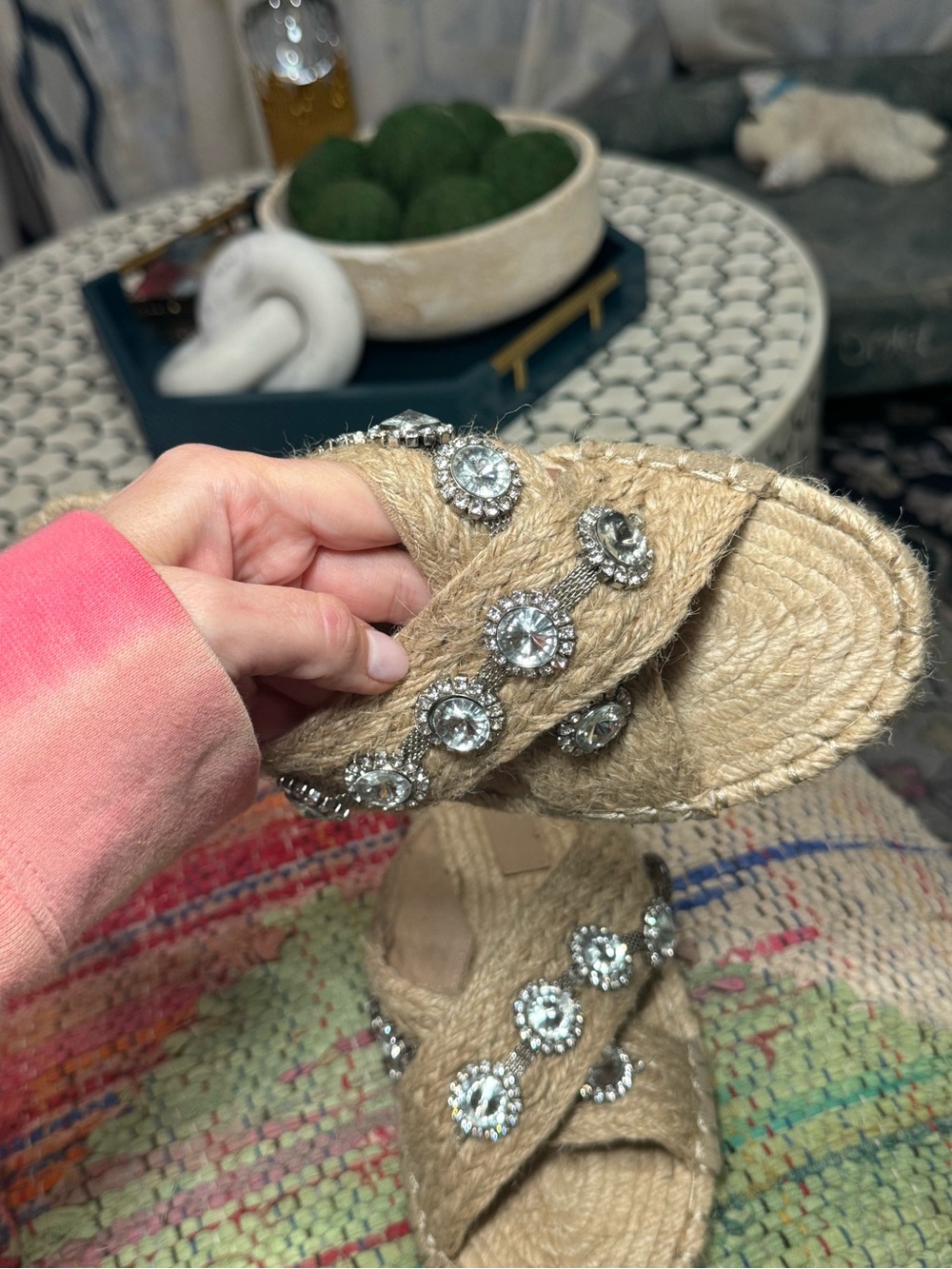 🌞🪩 ASOS Natural Jute Slide Sandals with Crystal Embellishments Boho Woven 🪩🌞 - Picture 2 of 5